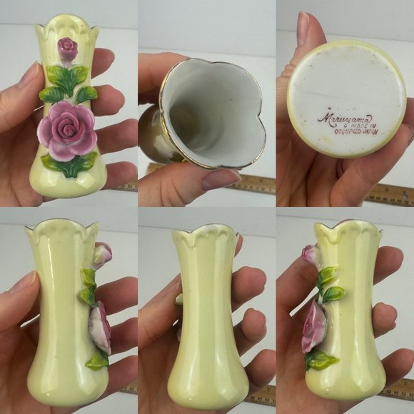 Vtg 40s/50s Maruyama Miniature Small Vases Pink Rose Floral Japan Damaged READ - Picture 4 of 8